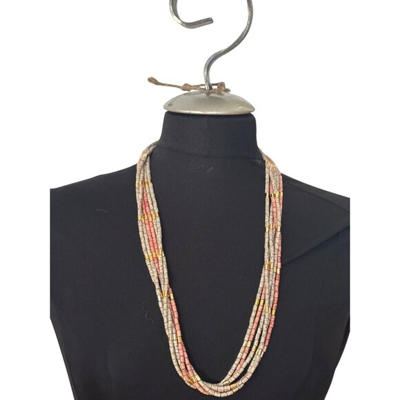 Vintage Multistrand Beaded Necklace With Pink & Gray Tube Beads Gold-Tone Accent - Picture 1 of 10